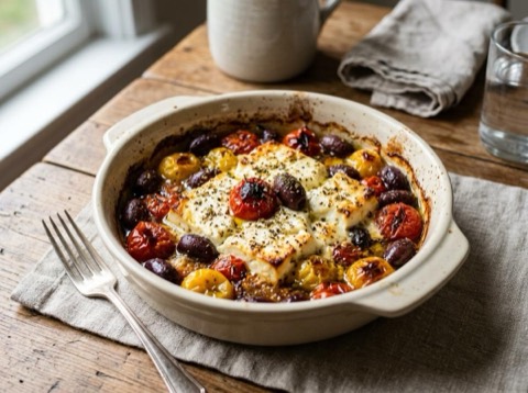 Baked Feta with Olives and Cherry Tomatoes