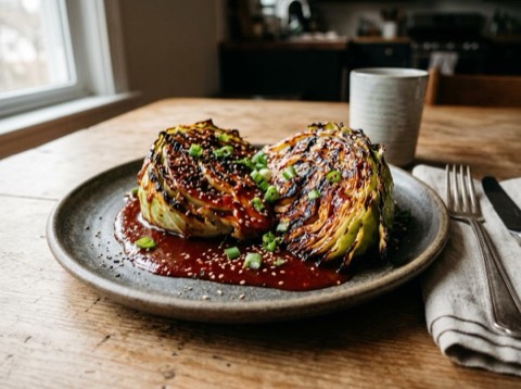 Grilled Cabbage Steaks with Spicy Sauce