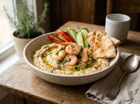 Lemon Garlic Hummus with Shrimp
