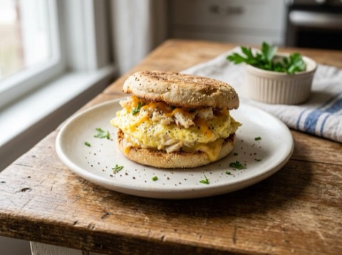 Microwave Egg and Seafood Breakfast Muffin