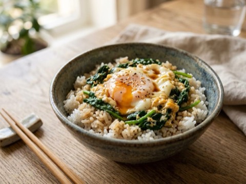 Microwave Egg and Spinach Rice Bowl