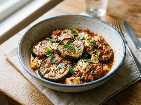 Microwave Greek Eggplant and Tomato Bake