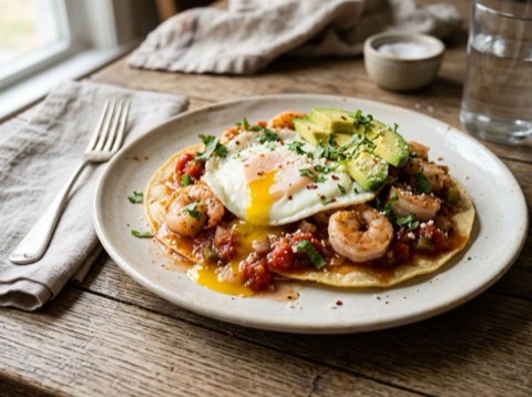 Microwave Huevos Rancheros with Shrimp