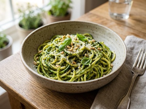Microwave Zucchini Noodles with Pesto