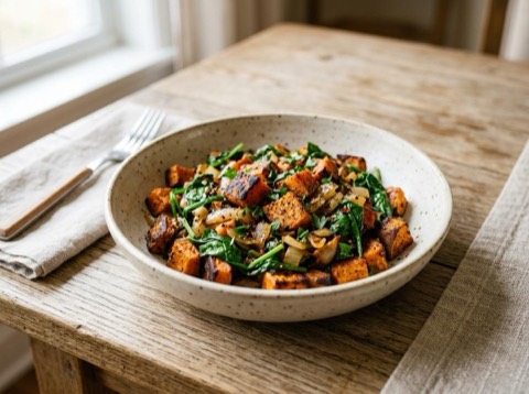 Oven-Baked Sweet Potato and Spinach Hash