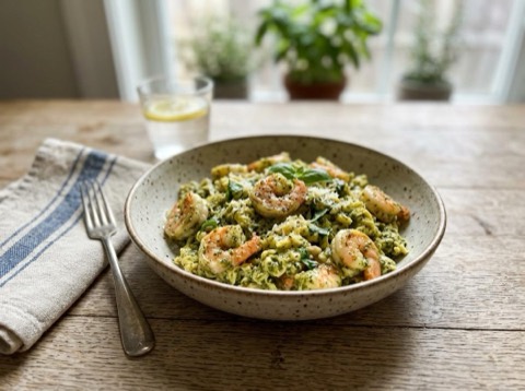Pesto Shrimp and Egg Scramble