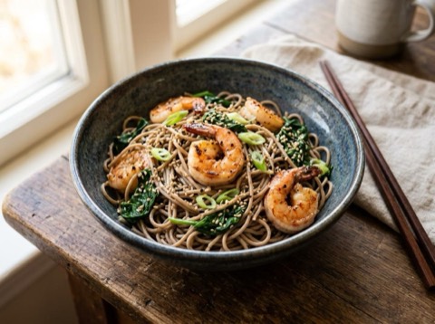 Soba Noodles with Shrimp and Spinach