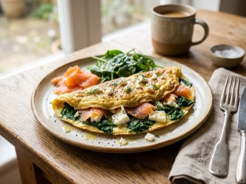 Spinach and Feta Omelette with Smoked Salmon