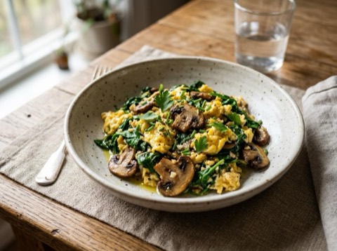 Stir-Fried Eggs with Spinach and Mushrooms