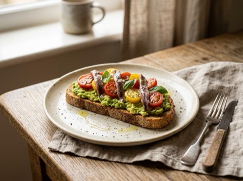 Tomato and Avocado Toast with Anchovies