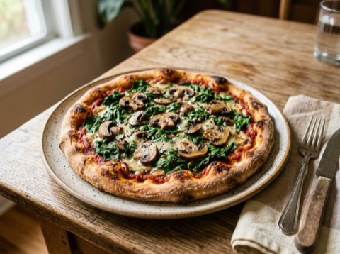 Vegan Pizza with Spinach and Mushrooms
