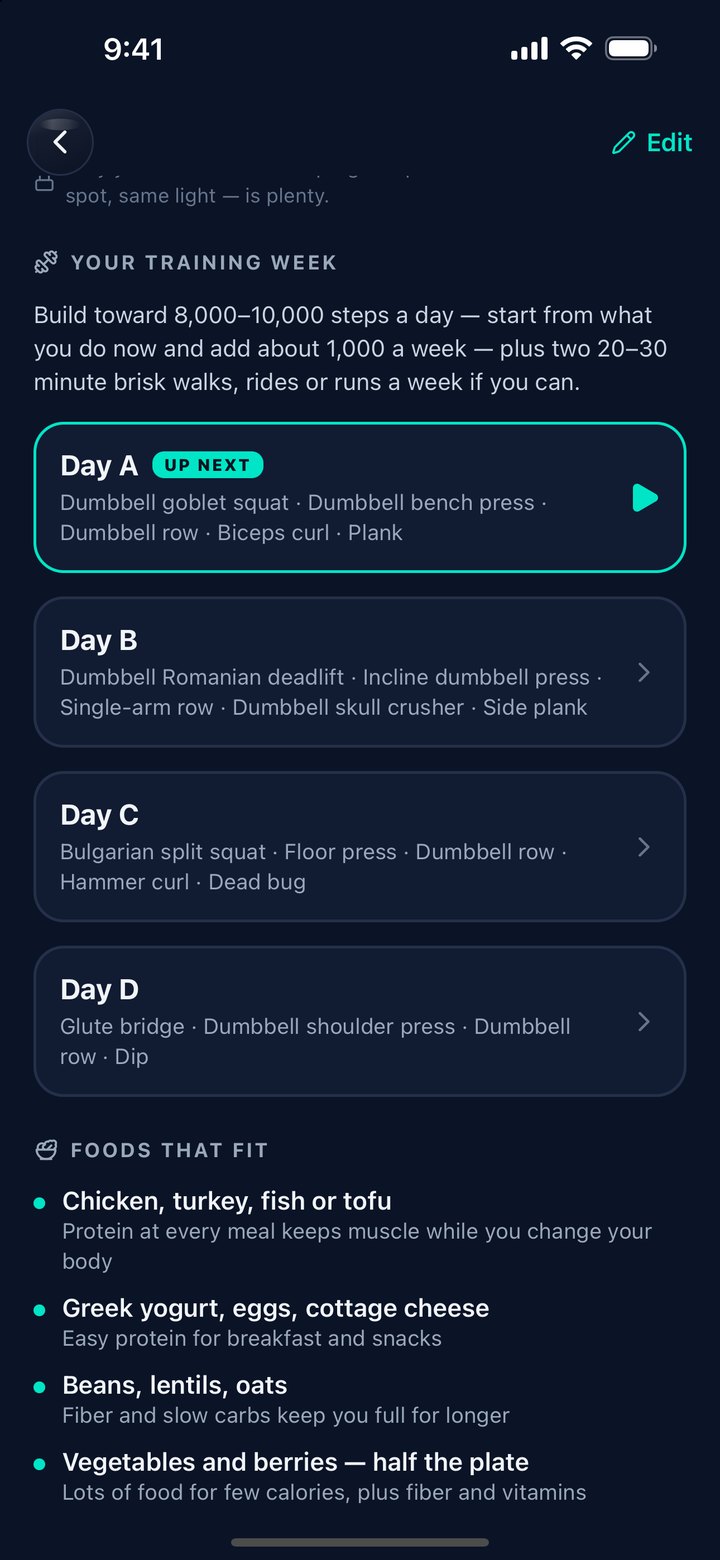 NTRLY Body Blueprint screen for a Belly and Arms goal: a training week of four dumbbell days with Day A up next, and foods that fit the goal