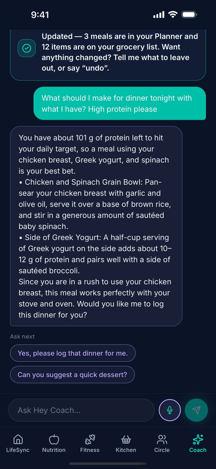 Hey Coach in NTRLY after adding 3 meals to the planner and 12 items to the grocery list, suggesting a high-protein chicken and spinach dinner from what's in the kitchen