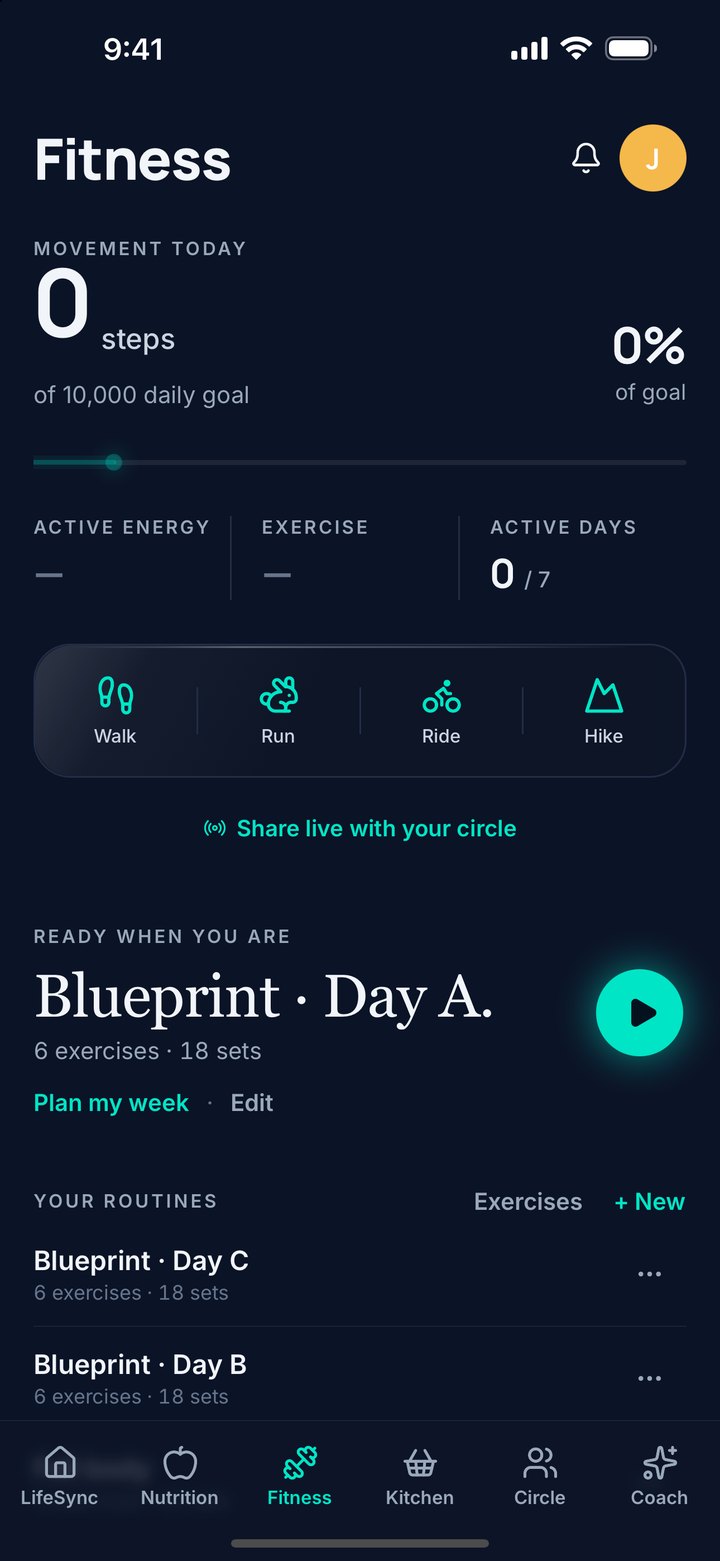 NTRLY Fitness screen: steps toward a daily goal, Walk, Run, Ride and Hike recording, and the Body Blueprint workout Day A ready to start