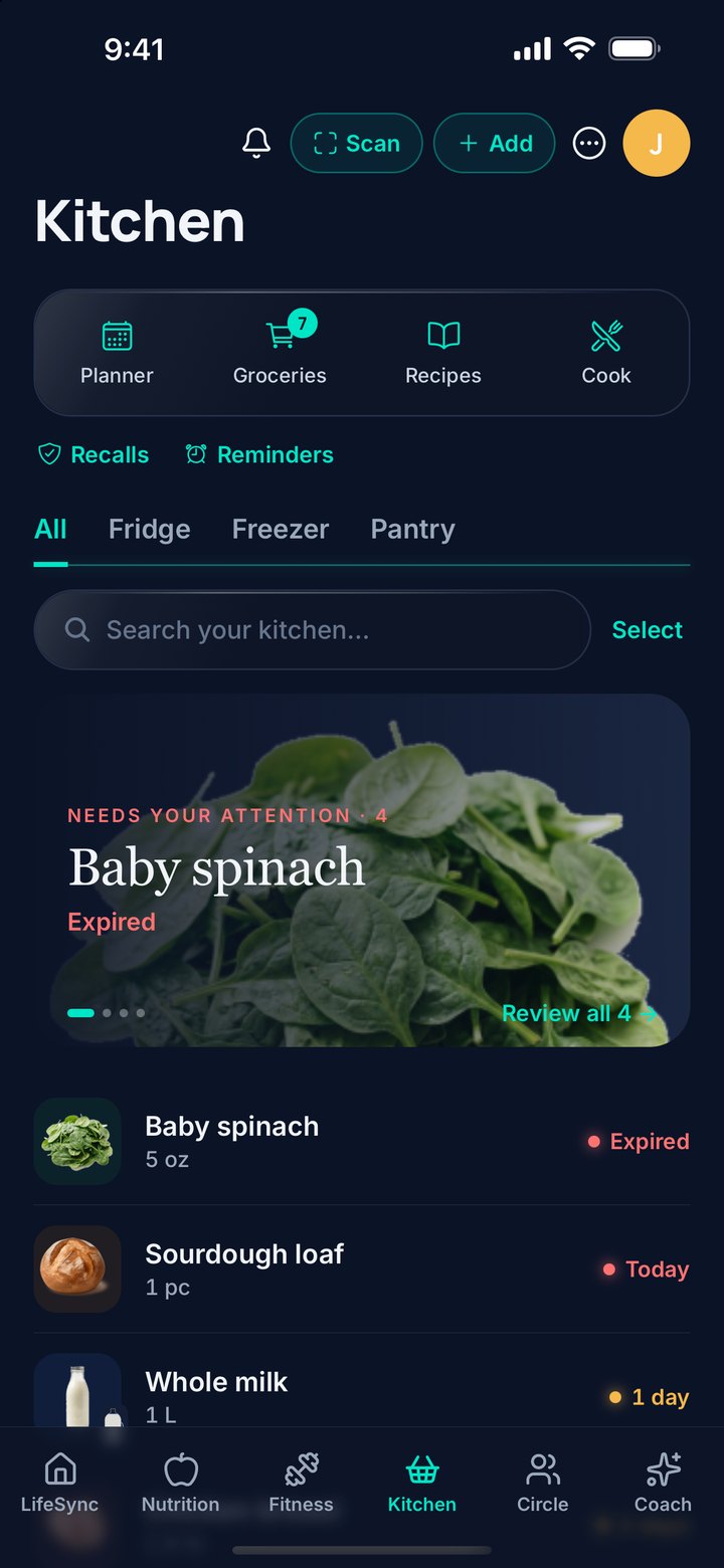 NTRLY Kitchen screen: planner, groceries, recipes and cook shortcuts, recalls and reminders, and a list of food with days left, led by baby spinach that needs using