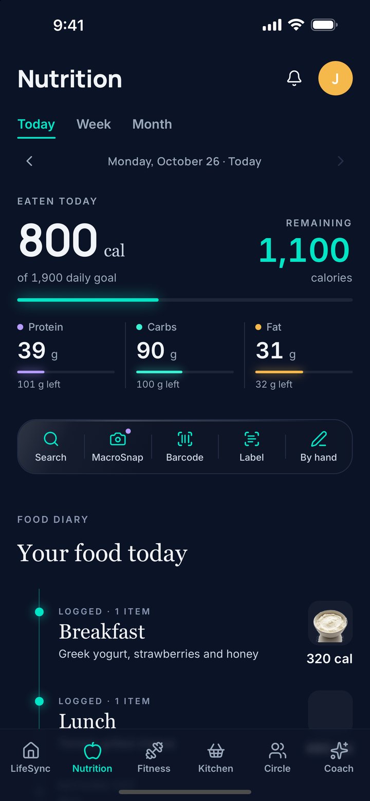NTRLY Nutrition screen: 800 calories eaten and 1,100 remaining, protein, carbs and fat with grams left, logging options Search, MacroSnap, Barcode, Label and By hand, and today's food diary
