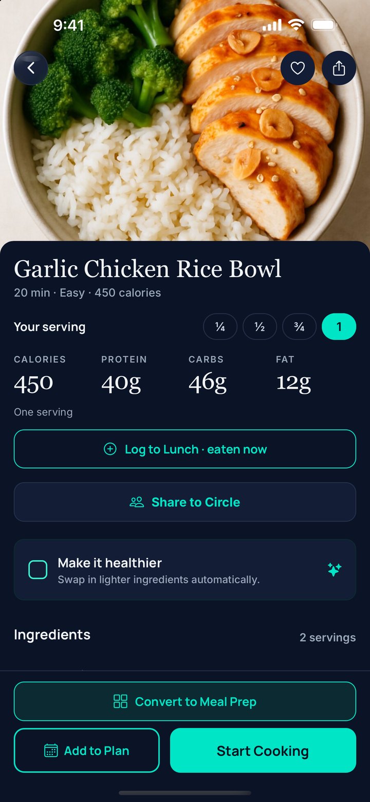 NTRLY recipe screen for a Garlic Chicken Rice Bowl: 450 calories, 40 g protein, 46 g carbs and 12 g fat per serving, with Add to Plan and Start Cooking