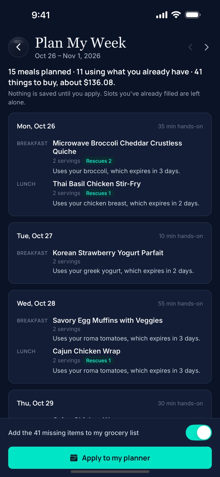 NTRLY Plan My Week screen: 15 meals planned for the week, 11 using food already in the kitchen, with the missing items ready for the grocery list